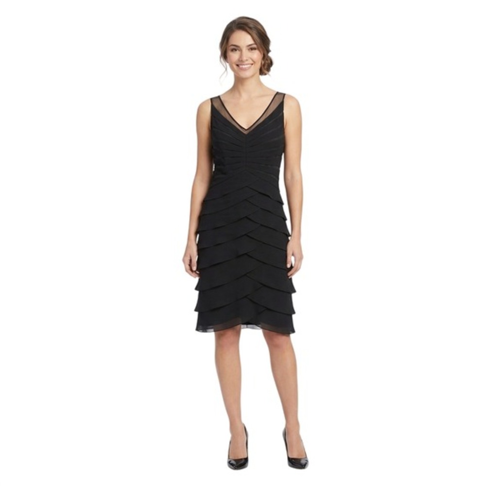 Adrianna Papell Black Tiered Ruffle‎ Mesh V-Neck Cocktail Dress Size 10